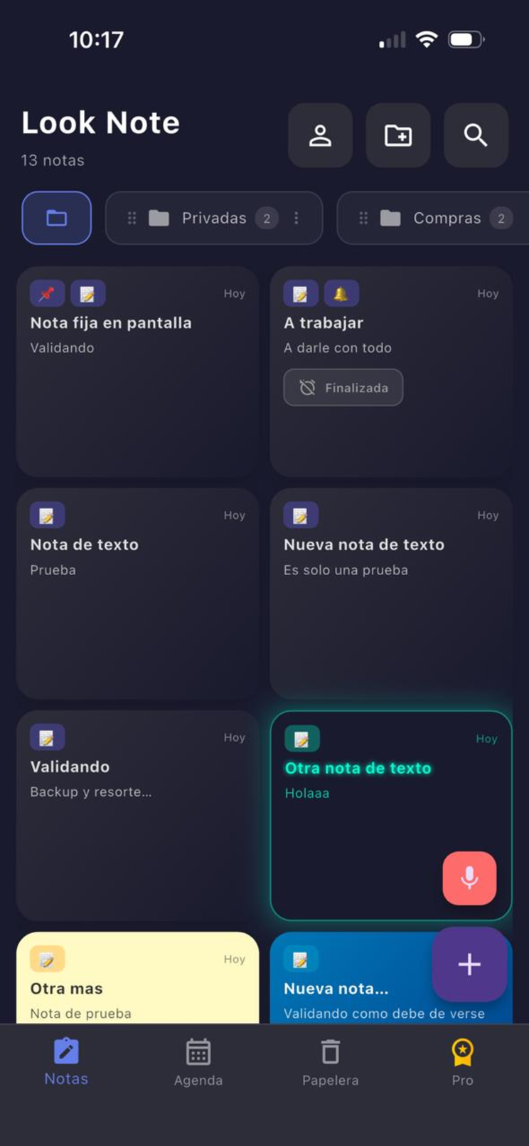 Pantalla principal de Look Note con notas en cuadrícula, carpetas y la barra de navegación
